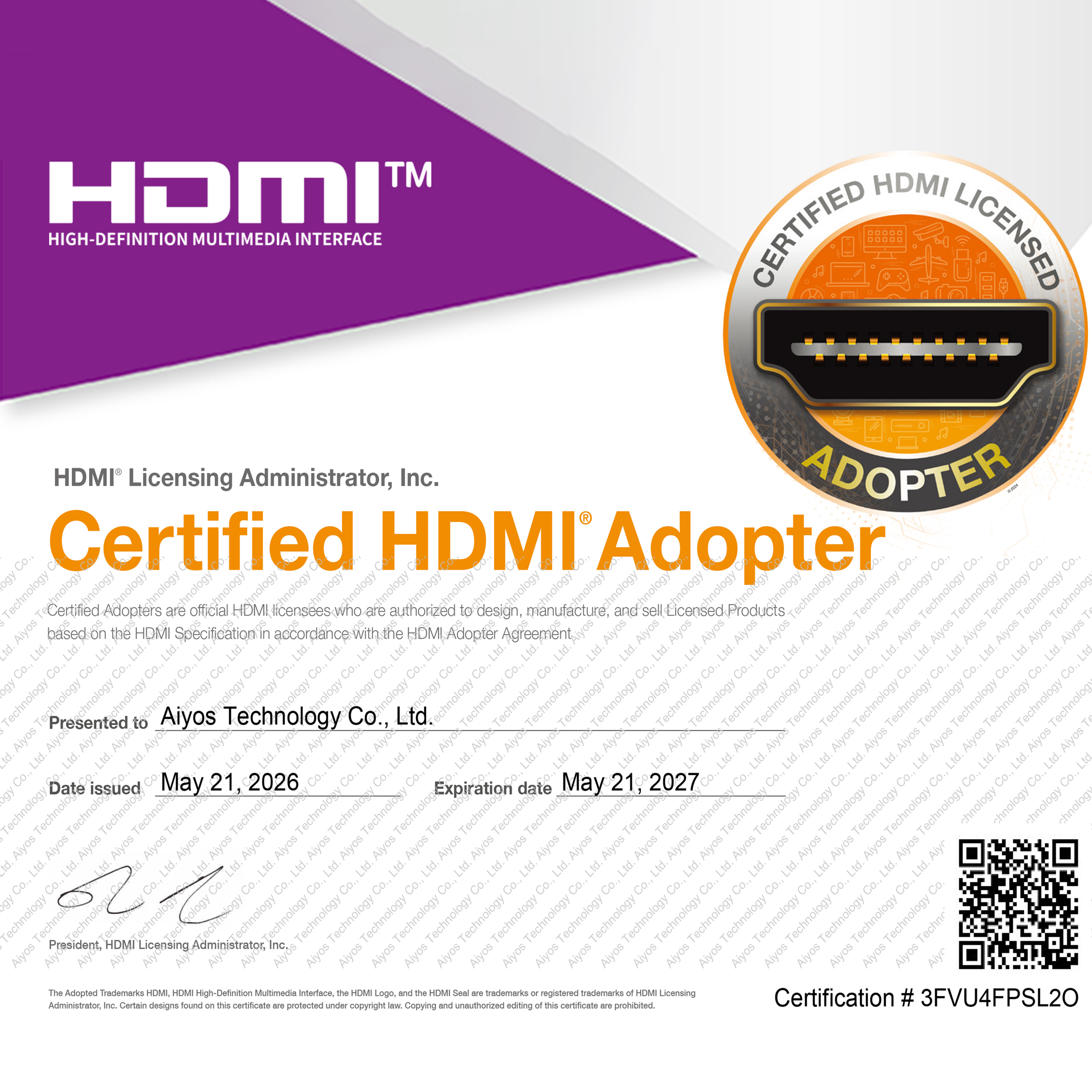 AIYOS Technology Renews Official HDMI® Adopter Certification Through 2027, Reinforcing Global Quality And Compliance for Commercial Displays